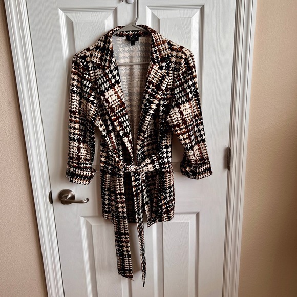 LC by Laura Cruz Houndstooth Print Blazer Jacket Tie Waist Brown Black Women's - Picture 1 of 13